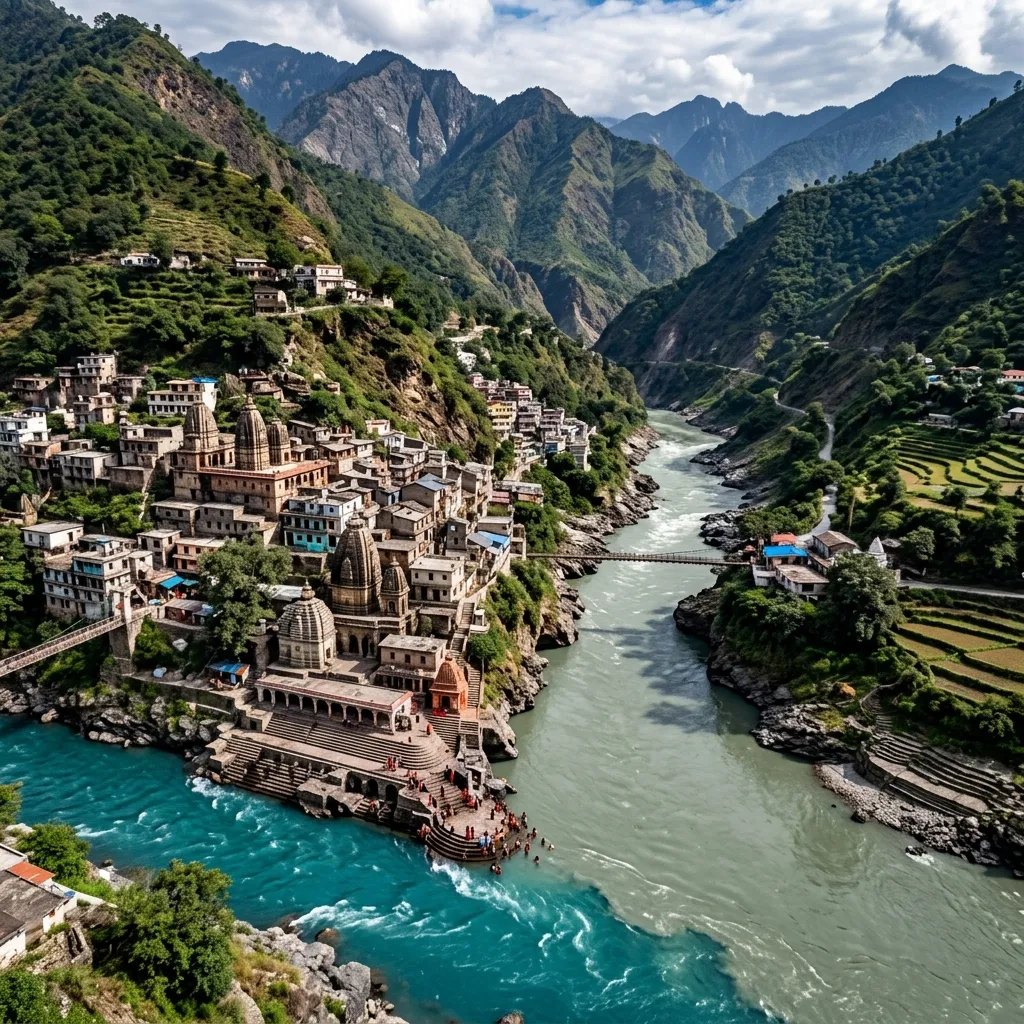 Devprayag aerial — sacred river confluence